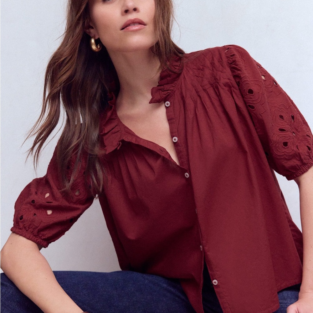 Boden Button-Front Eyelet Puff-Sleeve Blouse Cutwork Puff Sleeve Top-Russet
